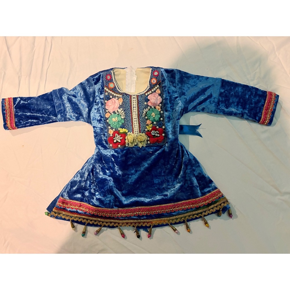 Girls Blue Crushed Velvet Embroidered Floral Tunic Dress Cultural Celebration